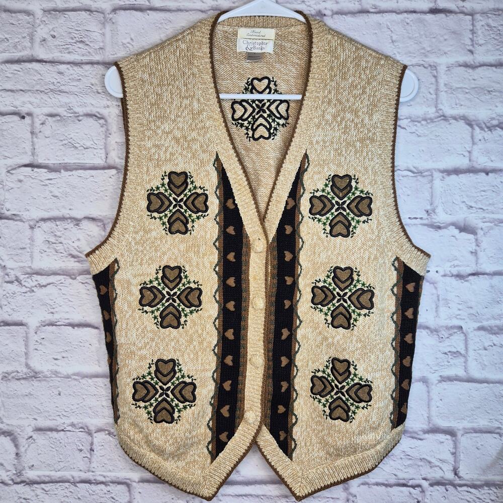 ​Vtg Christopher & Banks Hand Embroidered Heart Sweater Vest Large Y2K Beige